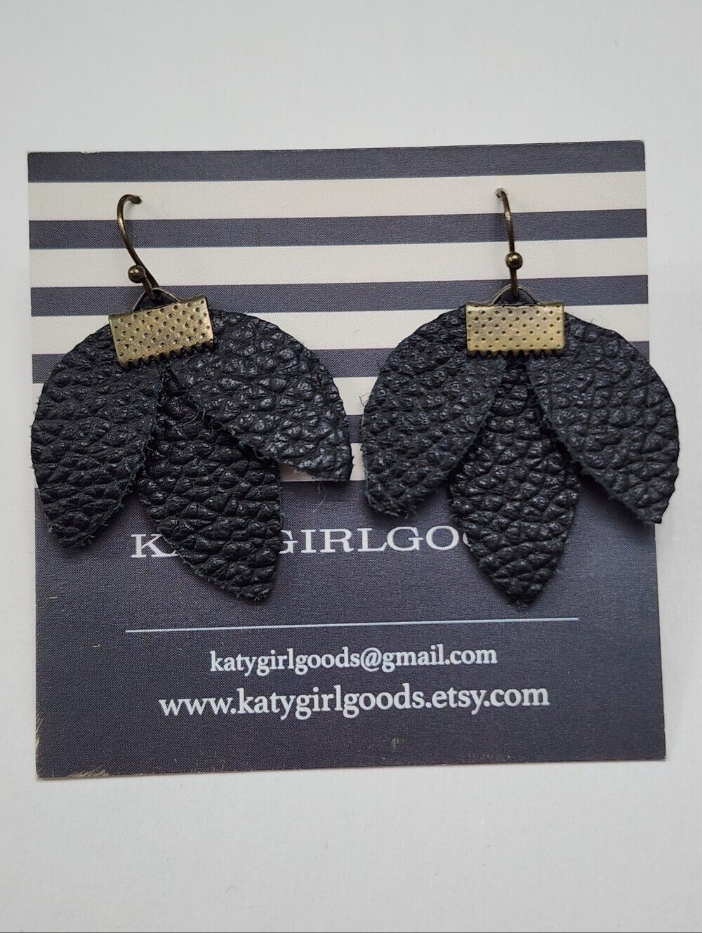 NEW! Katy Girl Goods Black Pebbled Leather Layered Leaf Earrings
